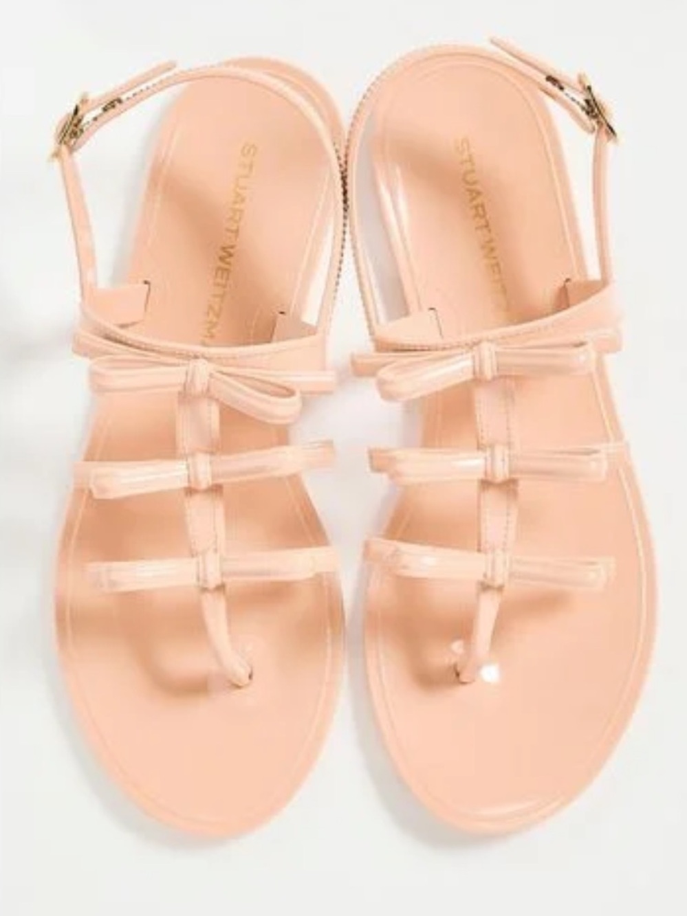 Stuart Weitzman Leather T-Strap Bow Sandals in Blush Peach